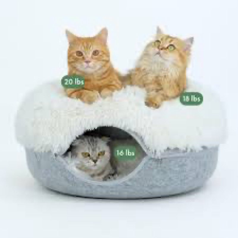 CATTASAURUS Peekaboo Cat Cave for Multiple & Large Cats Up to 30-45 Lbs, Fluffy Cat Beds for Indoor Cats, Scratch Detachable & Washable Tunnel Bed, Comfy Donut Cave (Gray), Jumbo (Calming)