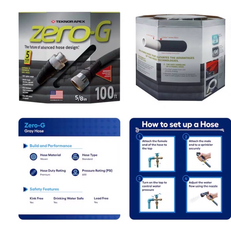 Zero-G Teknor Apex 5/8-in x 100-ft Premium -Duty Kink Free Woven Gray Hose