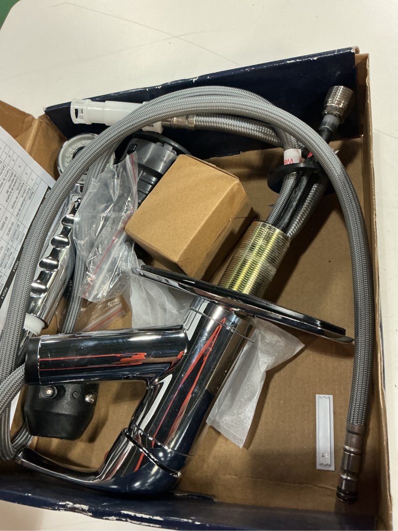 Condition photo showing As Is for project source chrome 1-handle deck-mount utility faucet with pulldown sprayer