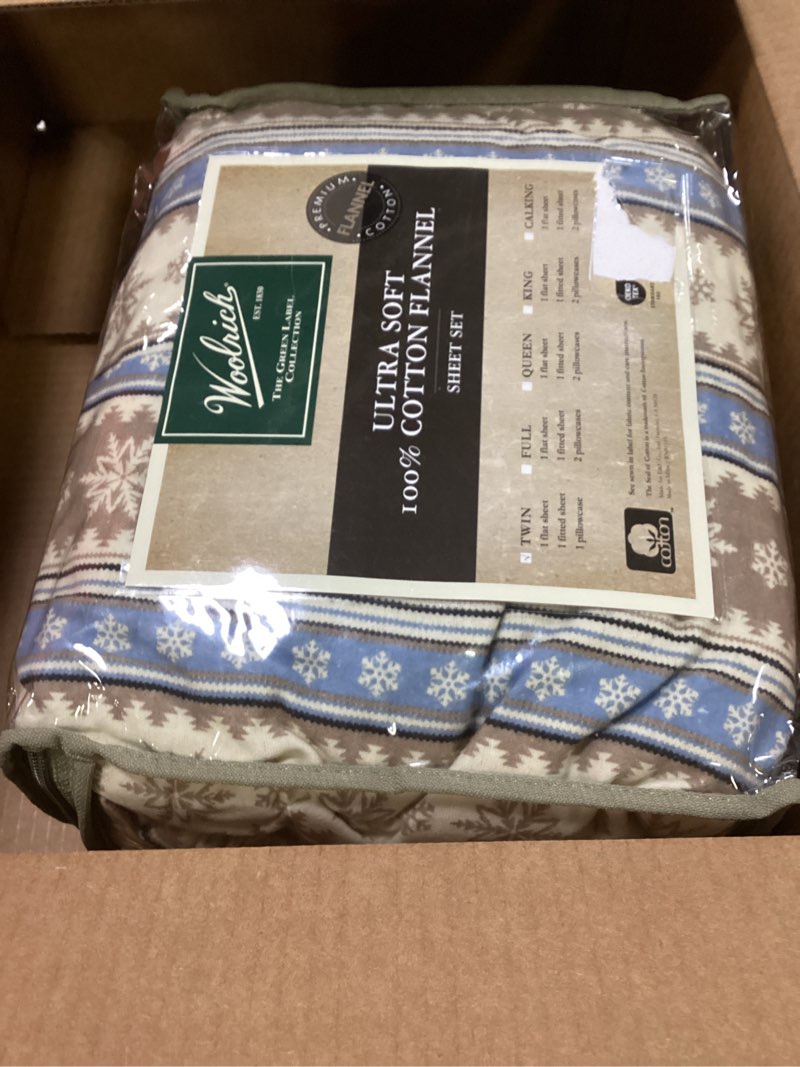 Condition photo showing Good Condition for Woolrich Cotton Sheet Set Cottage Charms Print, 100% Cotton Flannel Sheets Warm & Fuzzy Bedding Set King Size Sheets, Fitted Pocket Fits Up to 14" Mattress, King Blue Snowflake, 4 Piece