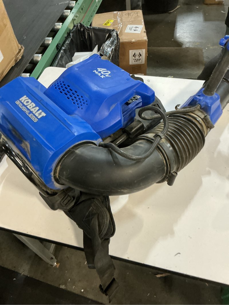 Condition photo showing As Is for kobalt 40-volt 690-cfm 135-mph battery backpack leaf blower (battery and charger not included)
