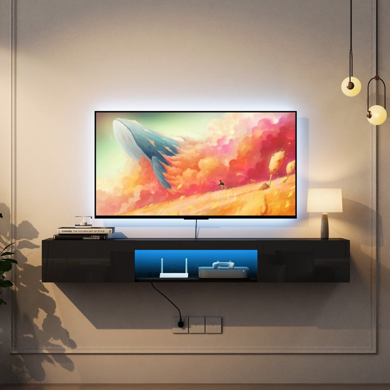 Floating TV Stand Wall Mounted With 16 Color Leds,63" Modern TV Stand, Floating TV Cabinet Entertainment Center For 55 60 65 Inch TV Color: Black