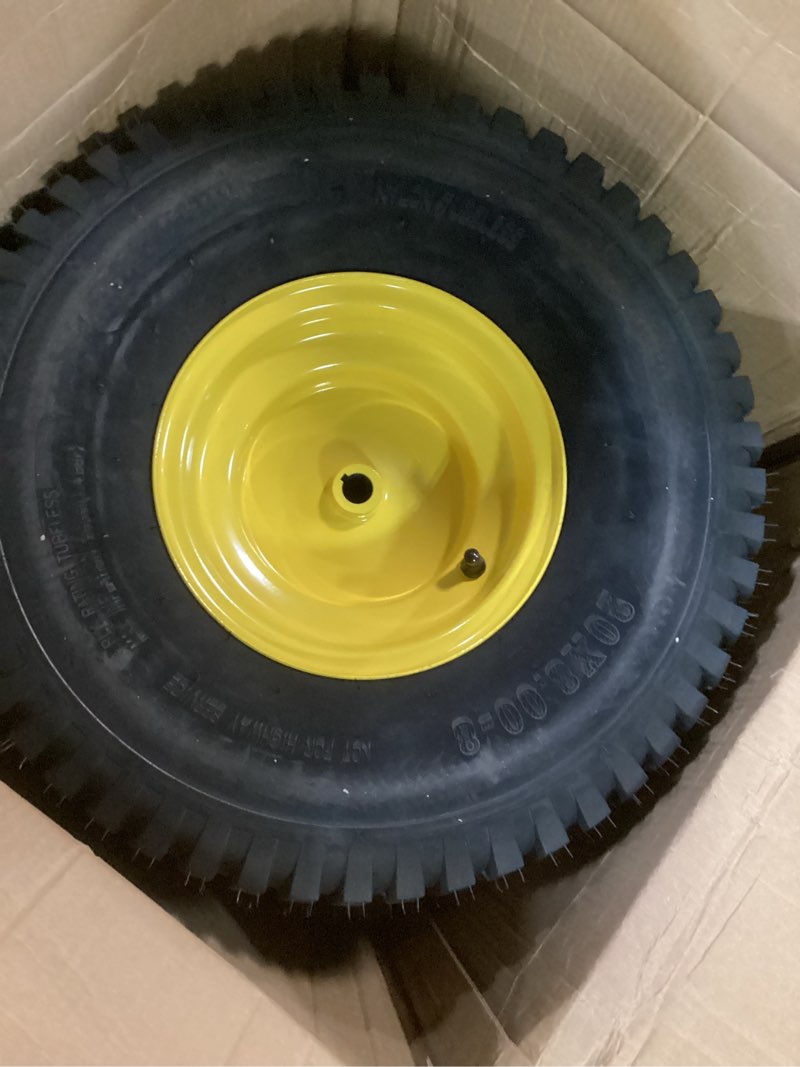 Condition photo showing New/Like New for (2-pack) 20x8.00-8 rear tire and wheel assemblies - 4 ply tubeless tire compatible replacement for riding lawn mowers - 3/4" borehole, 3.5" offset hub and 3/16" keyway 20 x 8.00-8" tubeless (offset hub) yellow