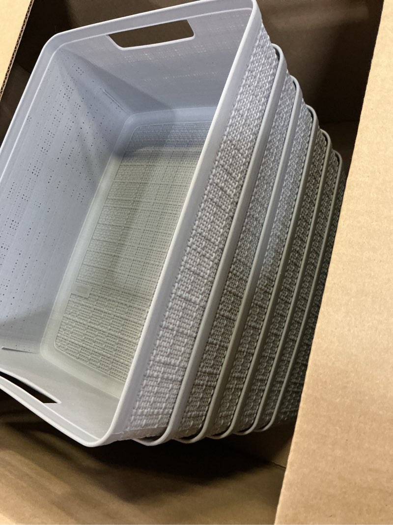 Condition photo showing Good Condition for curver set of 6 jute medium decorative plastic organization and storage baskets perfect bins for home office, closet shelves, kitchen pantry and all bedroom essentials, grey, 6 count