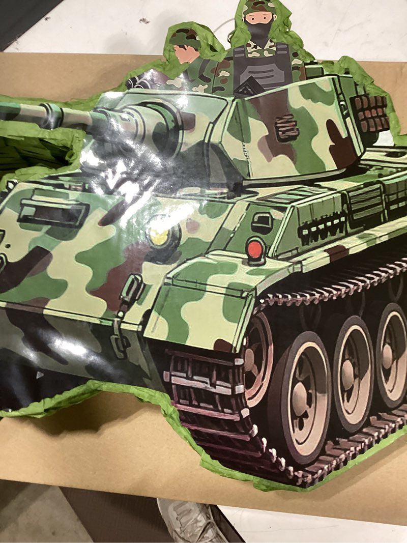 Condition photo showing As Is for pasimy tank piñata with blindfold and stick army camo tank piñata bundle for military theme birthday baby shower camouflage party decorations family game supplies, 15.75 x 10.31 inch