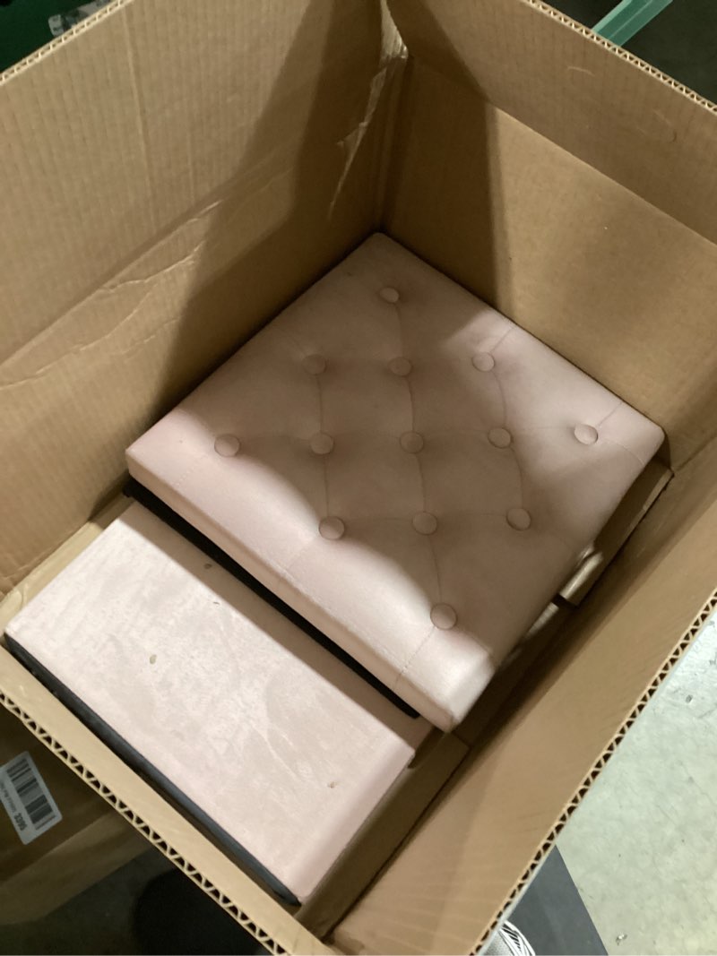 Condition photo showing As Is for B FSOBEIIALEO Storage Ottoman Cube, Velvet Tufted Folding Ottomans with Lid, Footstool Rest Padded Seat for Bedroom (Pink, Medium) Pink Medium