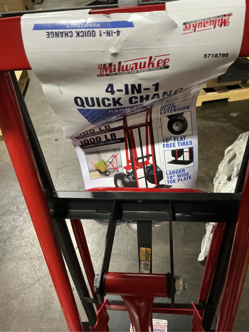 Condition photo showing As Is for milwaukee 1000-lb capacity 4 -wheel multiple colors/finishes steel 4 in 1 convertible hand truck