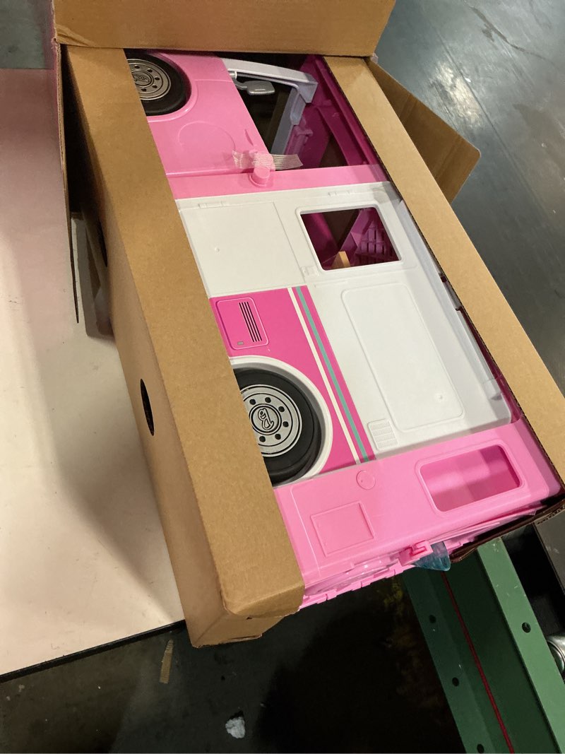 Condition photo showing New/Like New for barbie camper, doll playset with 50 accessories, transforms into truck, boat & house, includes pool, 3-in-1 dream camper (amazon exclusive)