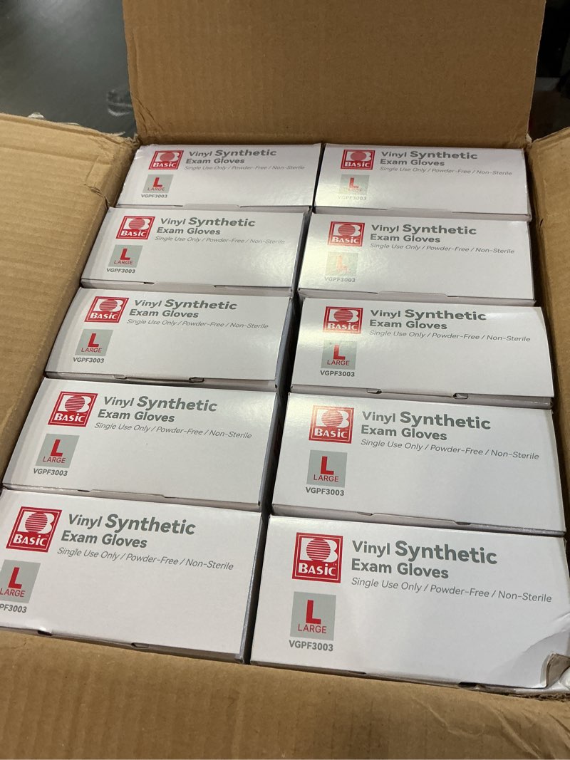 Condition photo showing New/Like New for basic vinyl synthetic exam gloves 10 pack size l