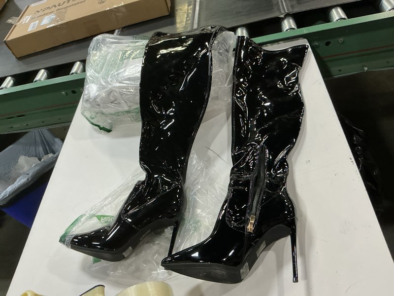 Condition photo showing As Is for genshuo over the knee boots for women with heel suede thigh high boots stretch sexy pointed toe stiletto long boot shoes 9.5 patent leather black