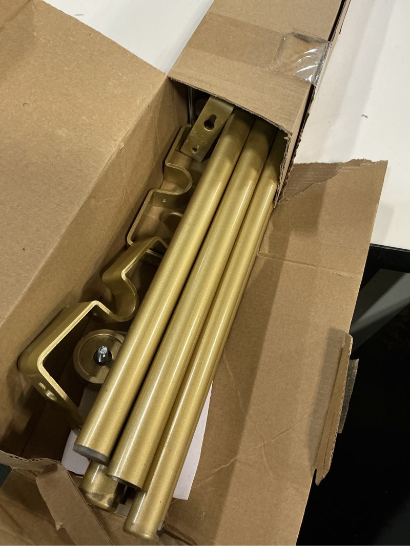 Condition photo showing As Is for KAMANINA 1 Inch Double Curtain Rod for Windows 72 to 144 Inches (6-12 Feet), Gold Heavy Duty Drapery Rod, Adjustable Double Rods with End Caps Gold 72-144"