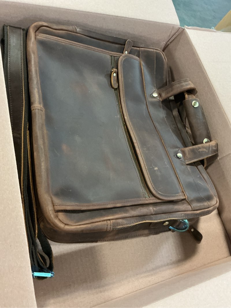 Condition photo showing Good Condition for leather briefcase for men, 15.6 inch laptop business travel bag | 100% full grain leather | ykk zipper | fits 15.6" laptop | 8 card slots + 3 pen sleeves | detachable strap & trolley sleeve brown