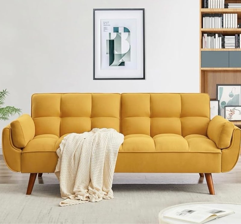 Convertible Futon Sofa Bed, Linen Sleeper Couch, 75" W Modern 3 Seater Tufted Sofa with Adjustable Backrests and Solid Wood Legs for Small Spaces, Living Room, Bedroom, Golden Yellow