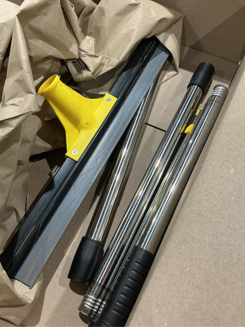 Condition photo showing As Is for floor squeegee for concrete and tile cleaning, 30'' heavy duty rubber wiper with 60'' long adjustable handle water scraper for bathroom shower glass garage glass window(yellow
