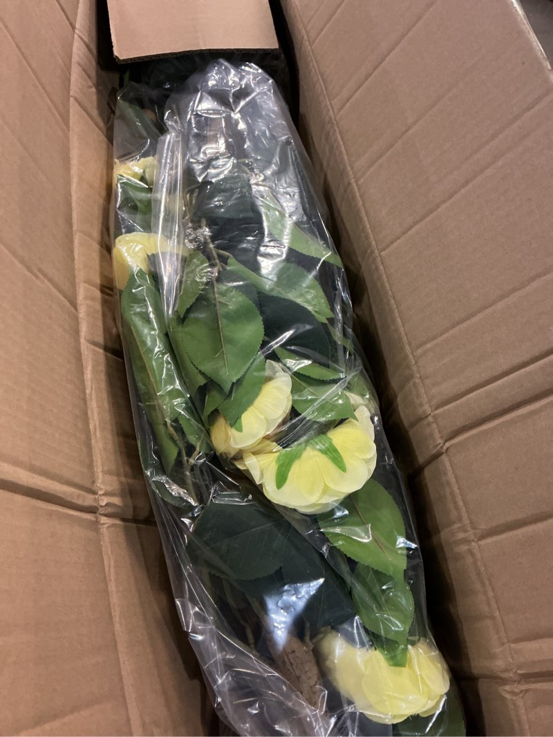 Condition photo showing New/Like New for artificial camellia tree 2 pack - realistic camellia plants in pot with yellow flowers, lifelike faux greenery for living room, patio, or wedding, yellow