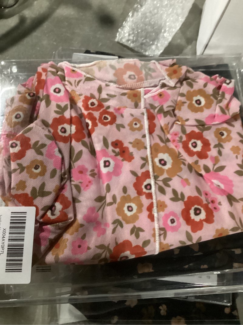 Condition photo showing Good Condition for SIMILAR TOO STROCK PHOTO… Women's Sheer Floral Long Sleeve Layering Top Ruffled Mock Neck Sheer Blouse for Casual Brunch Party Club Night Date Outfits X-Small Floral Pink White