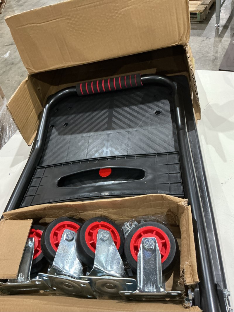 Condition photo showing Good Condition for upgraded foldable push cart dolly | 660 lbs.capacity moving platform hand truck | foldable for easy storage | 4'' pu 360 degree swivel silent wheel-black