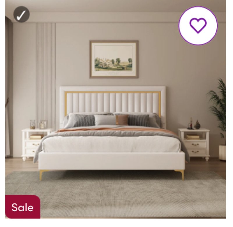 ( incomplete/ box 2 of 2) Velvet Upholstered Bed With Gold Stripe Detailing Size: California King, Color: Cream