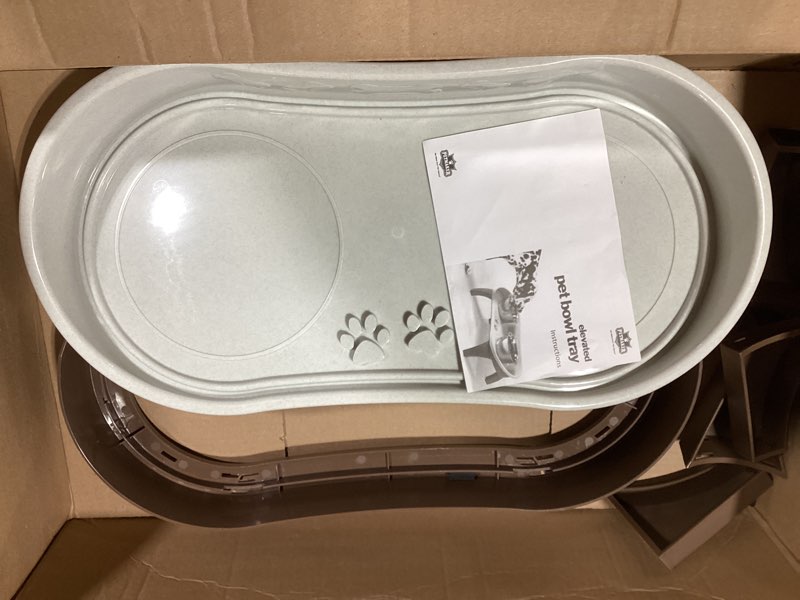 Condition photo showing Good Condition for Dog Bowl Stand - 8.5 Inch Tall Feeding Tray for Dogs and Cats, Dog Bowl Stands for Large Dogs with Splash Guard and Non-Skid Feet by Petmaker (Brown) Elevated