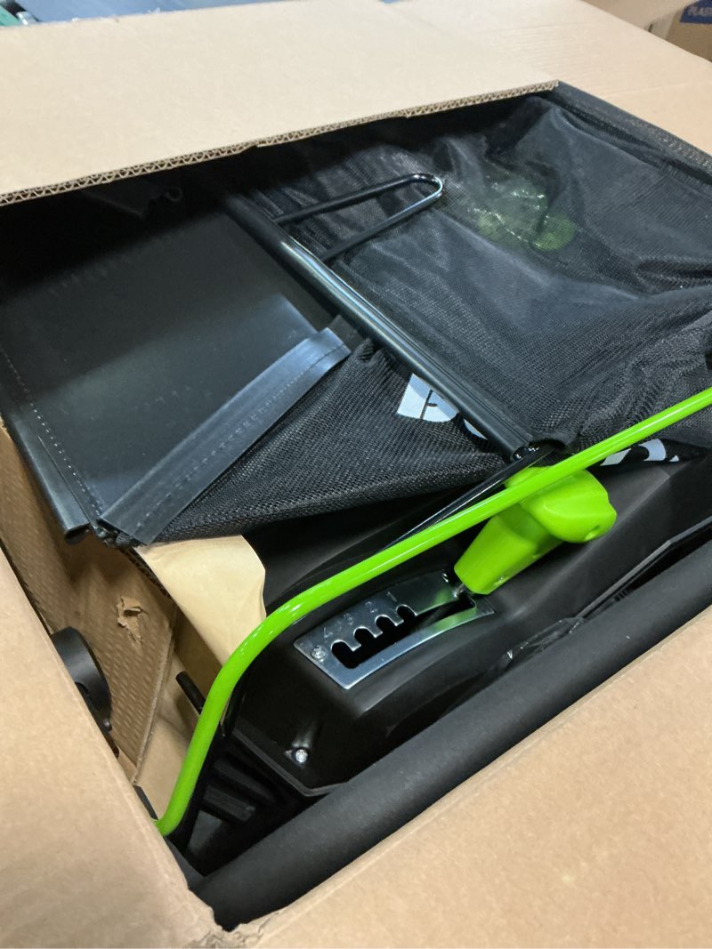 Condition photo showing Good Condition for 2-in-1 dethatcher & 16-inch scarifier electric corded, 15 amp copper motor, electric lawn dethatcher with 5-position depth adjustment, 14.5 gal thatch bag,walk behind for yard lawn garden care