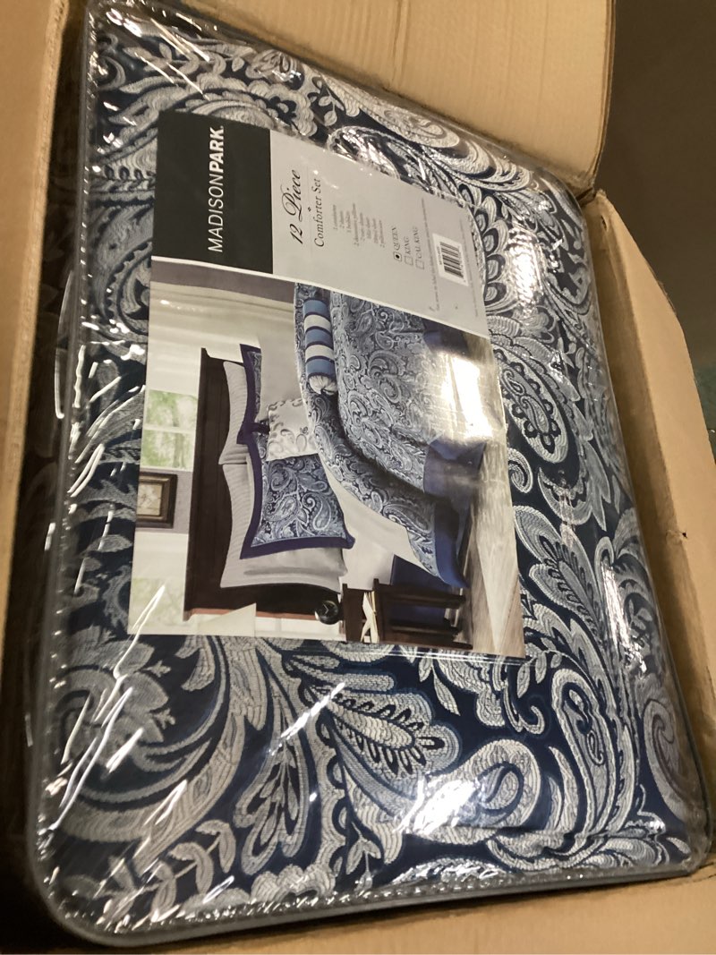 Condition photo showing Good Condition for Madison Park Aubrey Cozy Comforter Set, Faux Silk Jacquard Paisley Design - All Season Down Alternative Bedding with Cotton Bed Sheets, Bed Skirt & Toss Pillows, Queen Navy 12 Piece Navy Biab 12pcs Queen Comforter Set