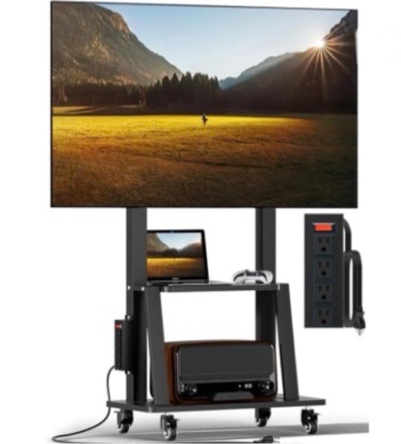 Mobile TV Stand with Power Outlet, Height Adjustable with Handle Stepless Lift,Rolling TV Stand for 