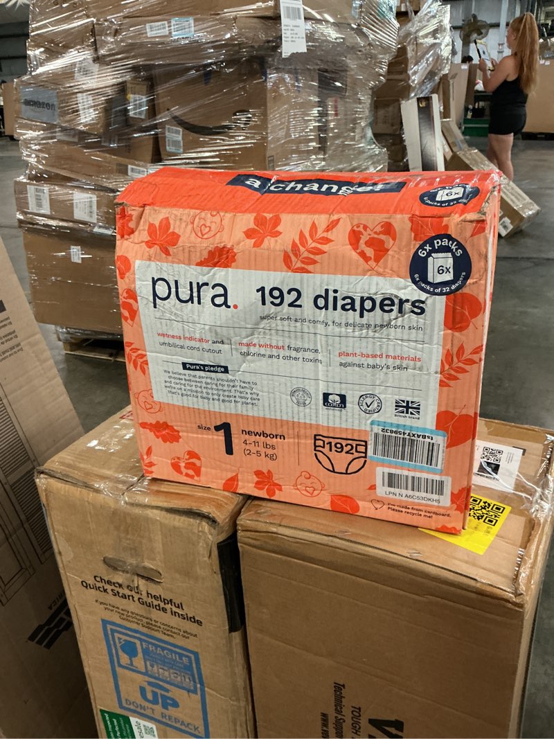 Condition photo showing As Is for pura hypoallergenic diapers, size 1 (4-11 lbs), monthly pack, totally chlorine free, wetness indicator, suitable for sensitive skin, soft cotton comfort, overnight, 6 packs of 32 (192 baby diapers) size 1 192