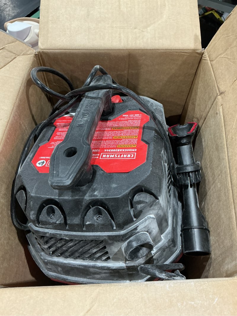 Condition photo showing As Is for craftsman 3-gallon 3 hp corded wet/dry shop vacuum with accessories included