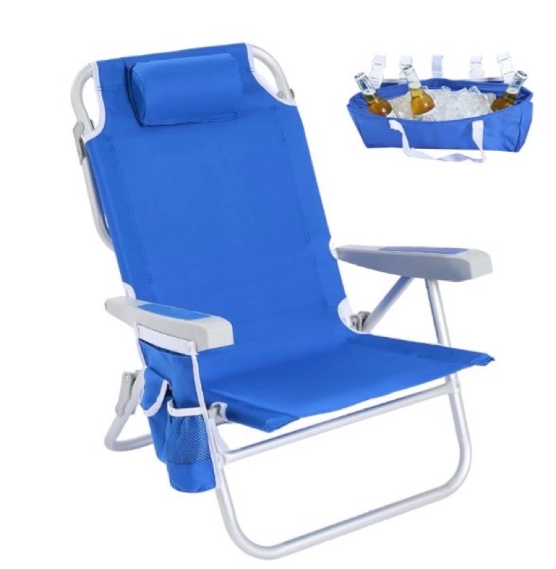  sunnyfeel low beach chair, 5-position lay flat reclining backpack chair with cooler bag & cup holder, portable folding beach chair for adults, heavy duty 350 lbs, blue