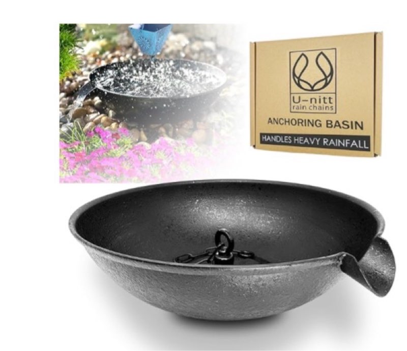 u-nitt 2pk 12" spill bowl downspout catch basin for rain chain anchoring stake | rainwater collection for roof |gutter catch basin | good for water fountain & birdbath | black | handles heavy rain 2 black-v2