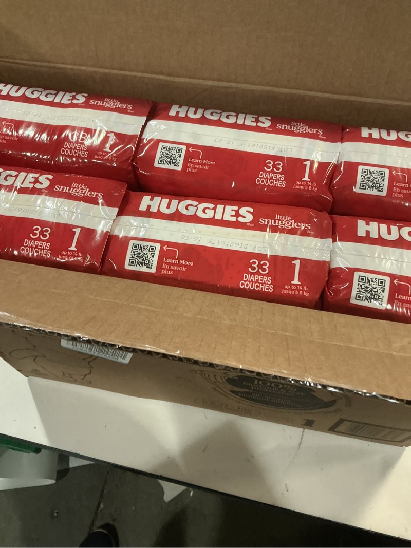 Condition photo showing New/Like New for huggies size 1 diapers, little snugglers diapers, size 1 (8-14 lbs), 198 count (6 packs of 33), packaging may vary size 1 198