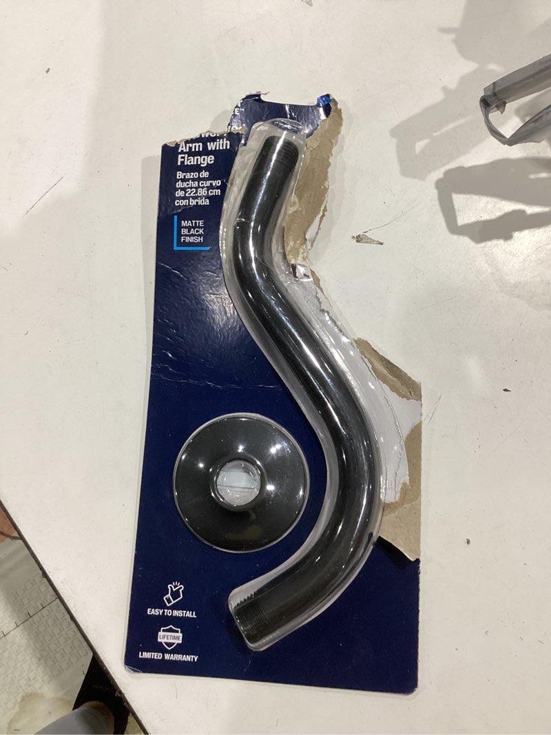 Condition photo showing As Is for project source matte black 9.25-in shower arm and flange (0.5-in-id)