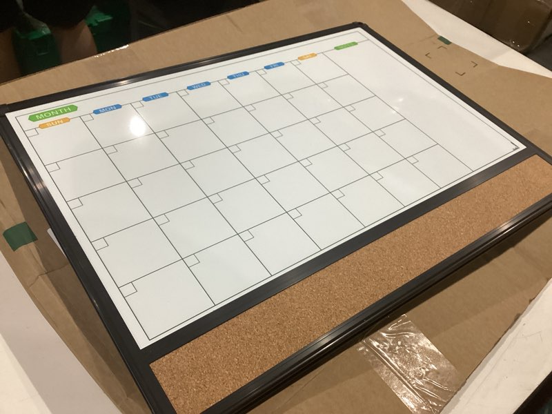 Condition photo showing As Is for jiloffice magnetic calendar whiteboard & bulletin corkboard combination, combo board 24 x 18 inch, black aluminum frame wall mounted board for office home and school with 10 push pins