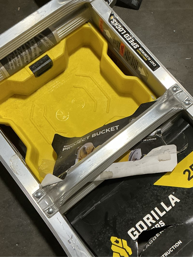 Condition photo showing As Is for 26 ft. reach aluminum multi-position ladder w/ project bucket, tool hangers, 300 lbs. load capacity, type 1a duty rating
