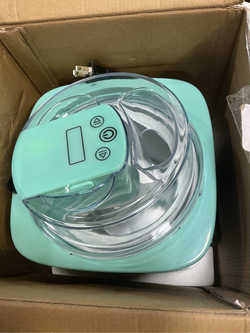 Condition photo showing As Is for nostalgia 2-quart electric ice cream maker – make homemade ice cream, gelato, sorbet & frozen yogurt – no salt/ice needed, digital controls, mix-in chute & freezing gel canister – stainless & aqua 2 qt digital stainless aqua