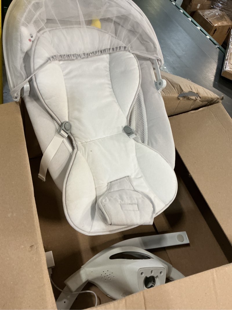 Condition photo showing As Is for electric baby swing with remote control,5 speeds&portable&cozy(0-12m,grey) | safety lock&secure harness,12 melodies&bluetooth,8/15/30min timer,lightweight indoor/outdoor,soft washable seat,easy assembly