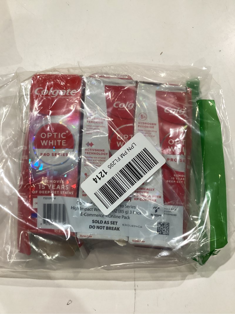 Condition photo showing As Is for item incomplete)))))colgate optic white pro series high impact white, 3 pack, teeth whitening toothpaste with 5% hydrogen peroxide and activshine, brilliant mint flavor, 3.0 oz