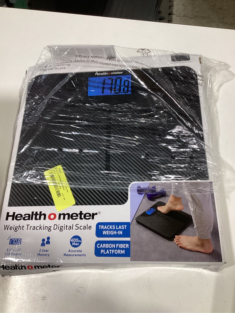 Condition photo showing As Is for health o meter lcd carbon fiber digital body weight scale, 400lb capacity