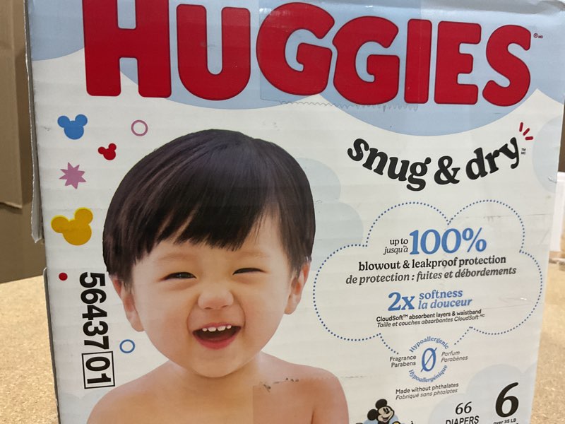 Condition photo showing New/Like New for huggies size 6 diapers, snug & dry baby diapers, size 6 (35+ lbs), 66 count, packaging may vary size 6 66