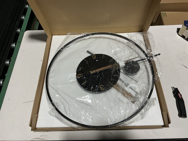 Condition photo showing Good Condition for 34.6×24 Inch Large Modern Decorative Oversized Pendulum Wall Clocks for Living Room,Big Minimalist Metal 3D Arabic Numeral Dial,Wall Clock With Walnut Pointers for Entryway,Dining Room Decor Black Arabic 34.6×24 inch