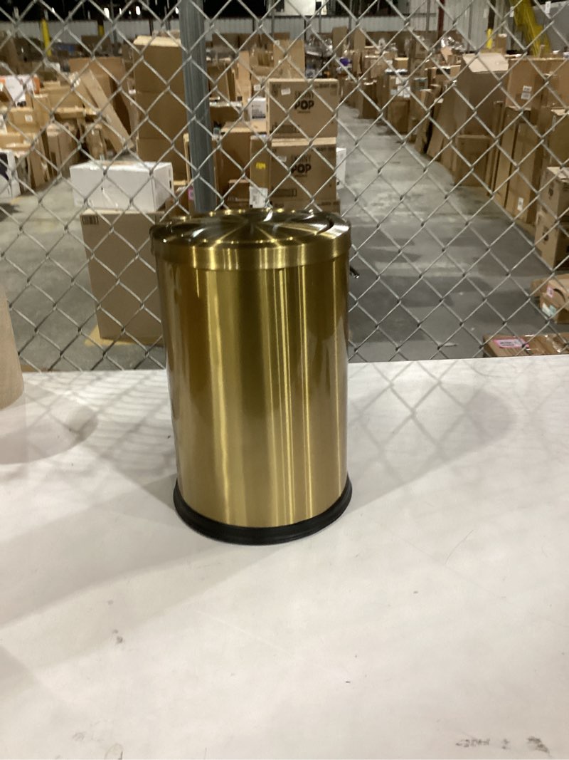 Condition photo showing New/Like New for 2.6 gallon gold bathroom trash can with lid,small office garbage can wastebasket bin for bedroom,living room,kitchen (gold)