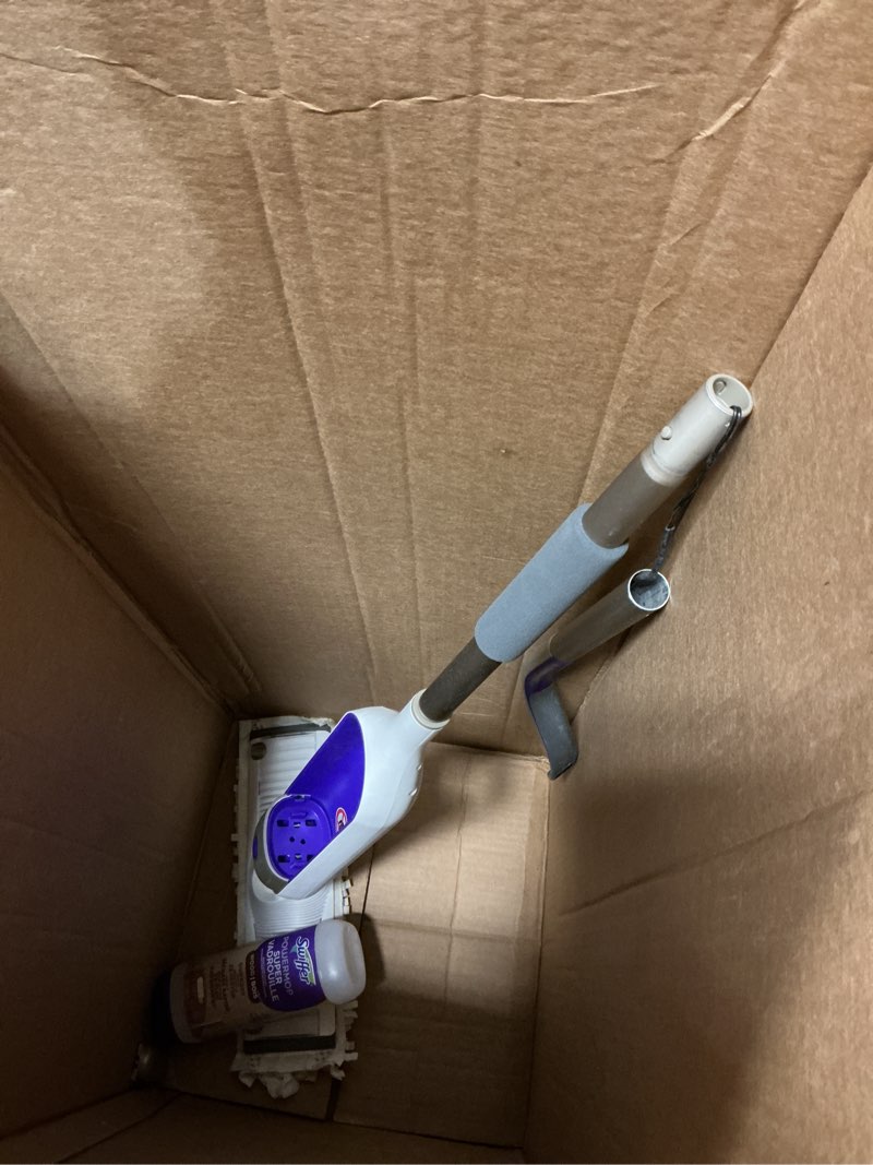 Condition photo showing As Is for Swiffer Power Mop Wood, Hardwood Floor Cleaner for Mopping Home, Bathroom, Kitchen, All Purpose Multi-Surface Cleaning Set includes PowerMop Wood, 2 Pads, 1 QuickDry Lemon Solution, & 2 Batteries