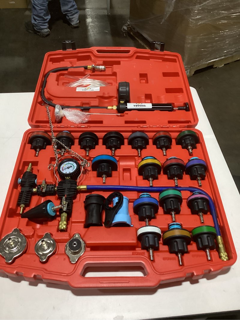 Condition photo showing Good Condition for YSTOOL Radiator Pressure Tester Pneumatic Vacuum Type Purge Refill Kit Universal Automotive Cooling System Water Tank Leak Test and Coolant Fill Tool 28PCS Set with Adapters Gauge Red Case