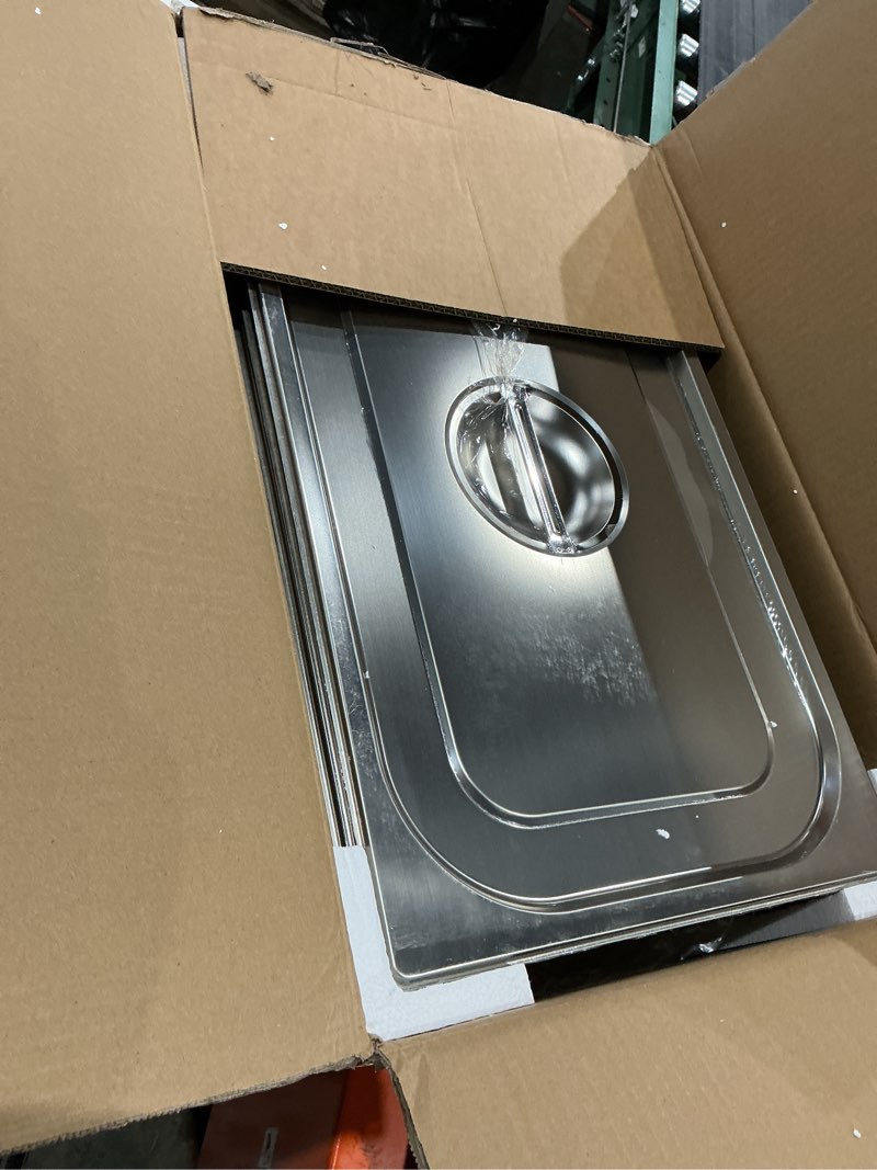 Condition photo showing As Is for vevor 4 pack stainless steel hotel pans,full size 3.7 inch deep 0.8mm thick anti jam commercial food pans with lid,catering food storage metal pan for steam tables, restaurants,20.8 x 13 x 3.7 inch. 3.7" deep - 4 pack 1/1 size