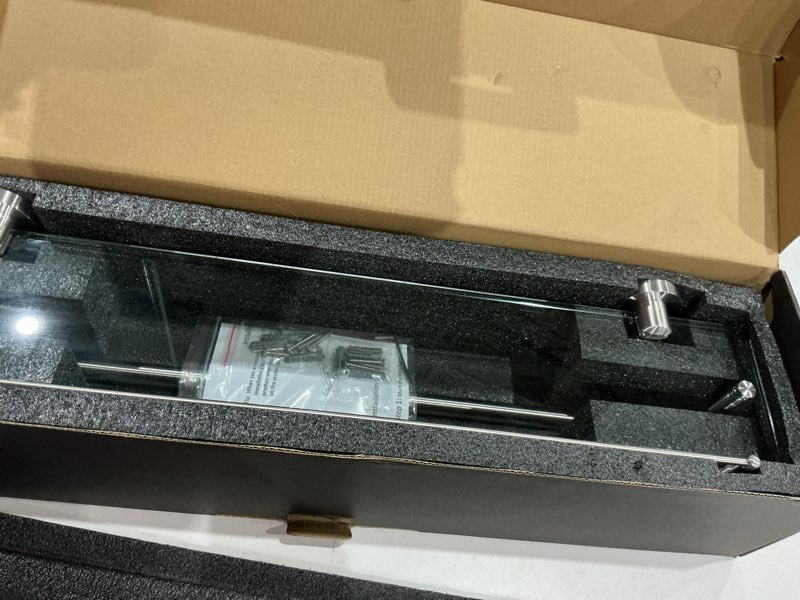 Condition photo showing As Is for glass shelves for bathroom with towel bar,24-inches brushed nickel floating glass shelves with towel rack stainless steel tempered glass bathroom shelves with towel holder wall mount accessories brushed nickel 24 inch