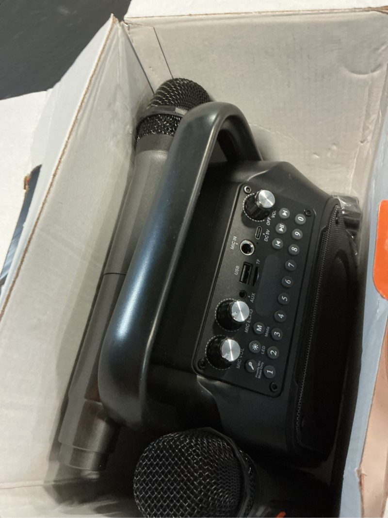 Condition photo showing Good Condition for karaoke machine, portable bluetooth speaker with 2 wireless microphones for adults & kids with lights, karaoke microphone with pa system supports usb/tf/rec/fm/aux for home party home system packages 2 mics