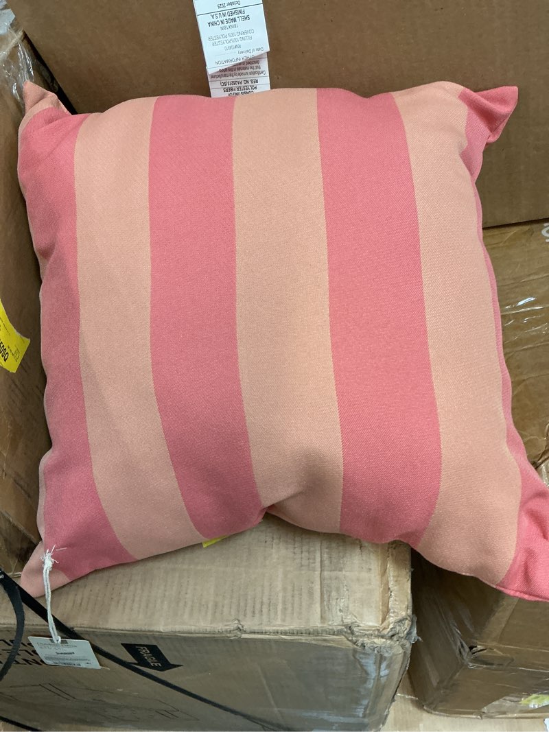 Condition photo showing New/Like New for beautiful 18" x 18" decorative outdoor pillow by drew barrymore, coral stripe
