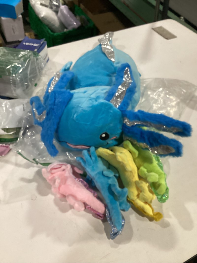 Condition photo showing Good Condition for aoriher 5 pcs axolotl plush set 24 inch mommy axolotl stuffed animal with 4 cute plush babies in belly soft cuddly plushie for kids sleeping birthday graduation valentine gift party favors(blue)