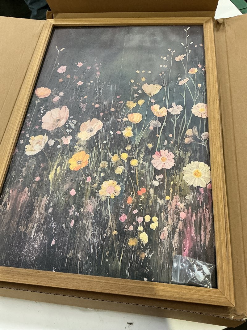 Condition photo showing Good Condition for wood framed vintage wildflower wall art, dark green moody flower botanical wall decor paintings, nature floral landscape artwork posters prints pictures for living room bedroom 16x24 inch dark flowers framed 24"l x 16"w