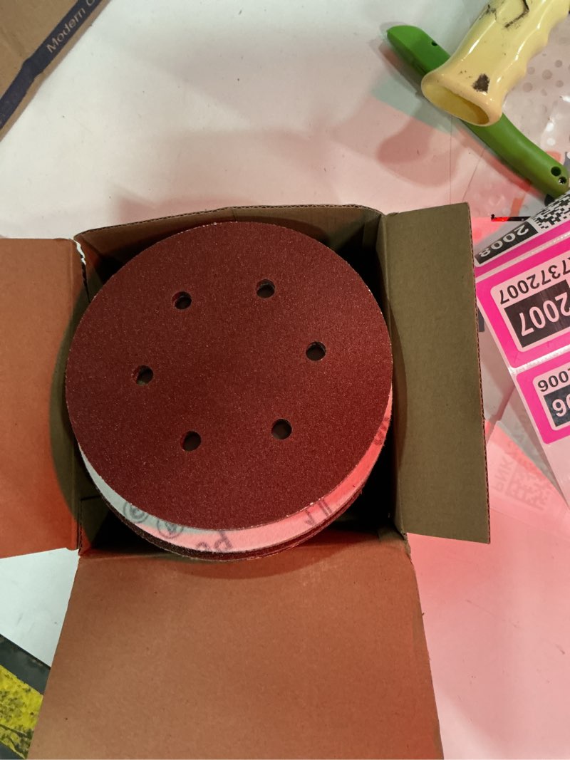 Condition photo showing Good Condition for 100 pcs 6 inch sanding discs, 6 hole hook and loop sandpaper 60 80 120 240 400 grit set, round orbital sand paper discs for sander 6 hole mix grit 6 hole-red
